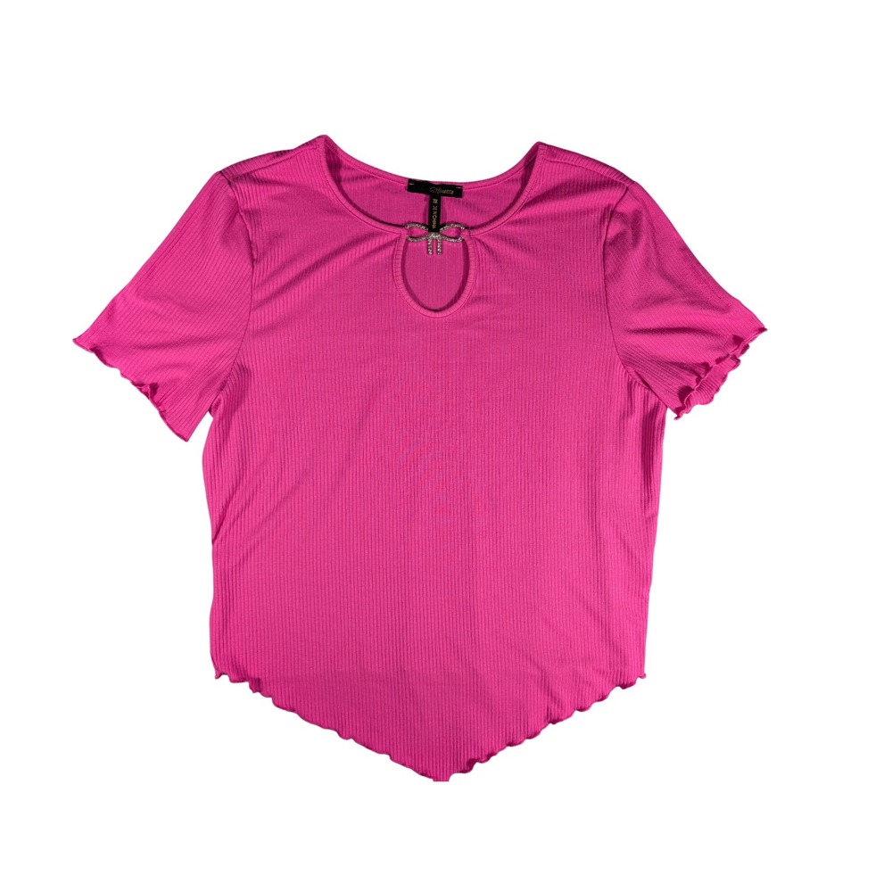 Minuette Womens 3X Magenta Ribbed Keyhole Top Rhinestone Bow Lettuce Hem Y2K